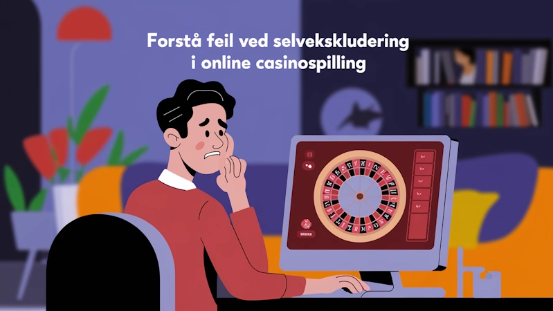 En illustrasjon av en mann som sitter ved en datamaskin med et forvirret uttrykk